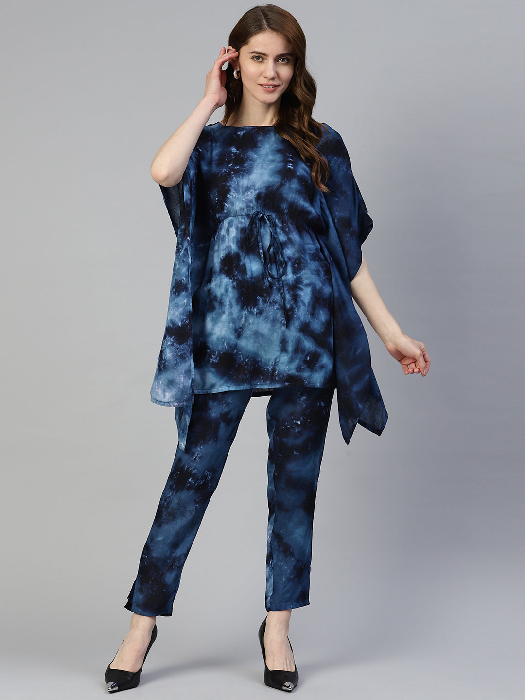 Jainish Women's Navy Blue Tie Dye Printed Rayon Kaftan Tunic With Trousers - Distacart