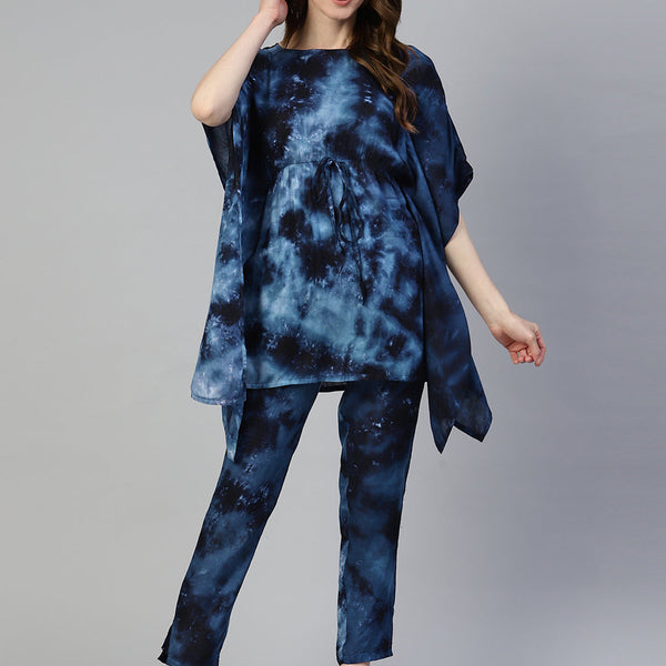 Jainish Women's Navy Blue Tie Dye Printed Rayon Kaftan Tunic With Trousers - Distacart