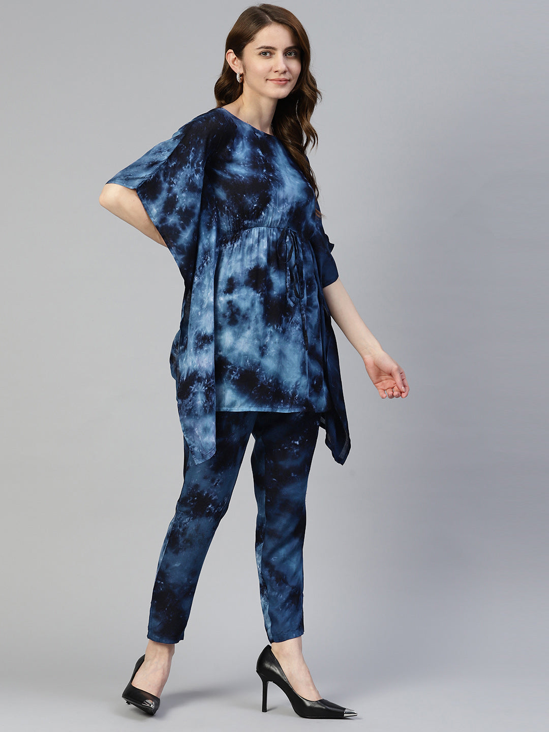 Jainish Women's Navy Blue Tie Dye Printed Rayon Kaftan Tunic With Trousers - Distacart