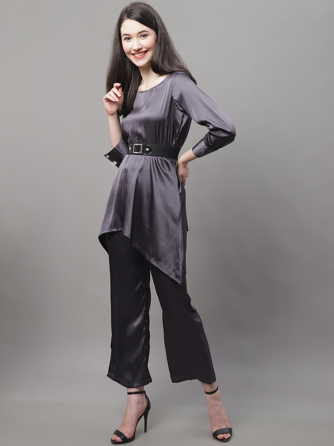 Jainish Women's stylish Co-ords with belt - JCharcoal - Distacart