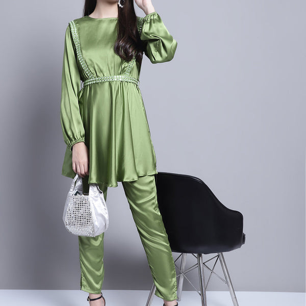 Jainish Women's WoEmbroidered A-line Top and Trouser With Belt - Green - Distacart