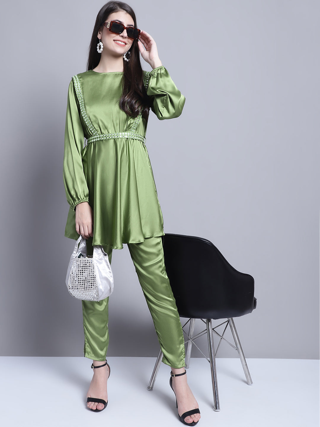 Jainish Women's WoEmbroidered A-line Top and Trouser With Belt - Green - Distacart