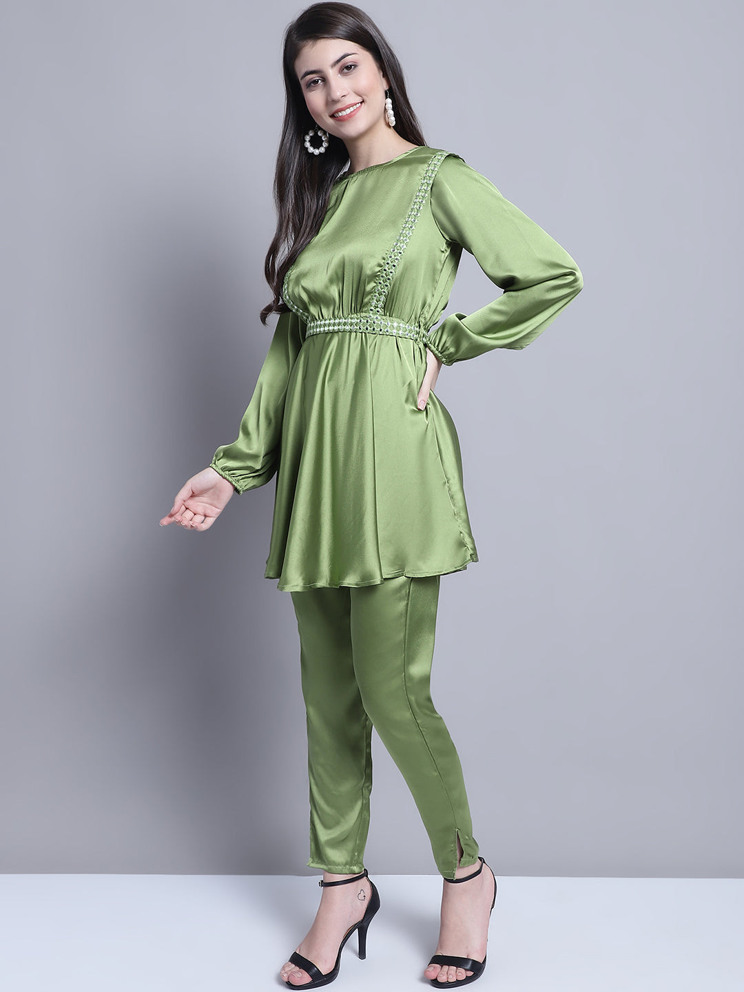 Jainish Women's WoEmbroidered A-line Top and Trouser With Belt - Green - Distacart