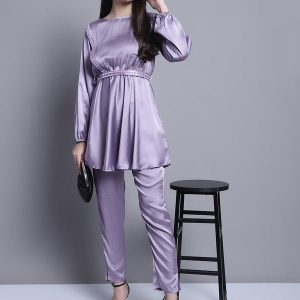 Jainish Women's WoEmbroidered A-line Top and Trouser With Belt - Purple - Distacart