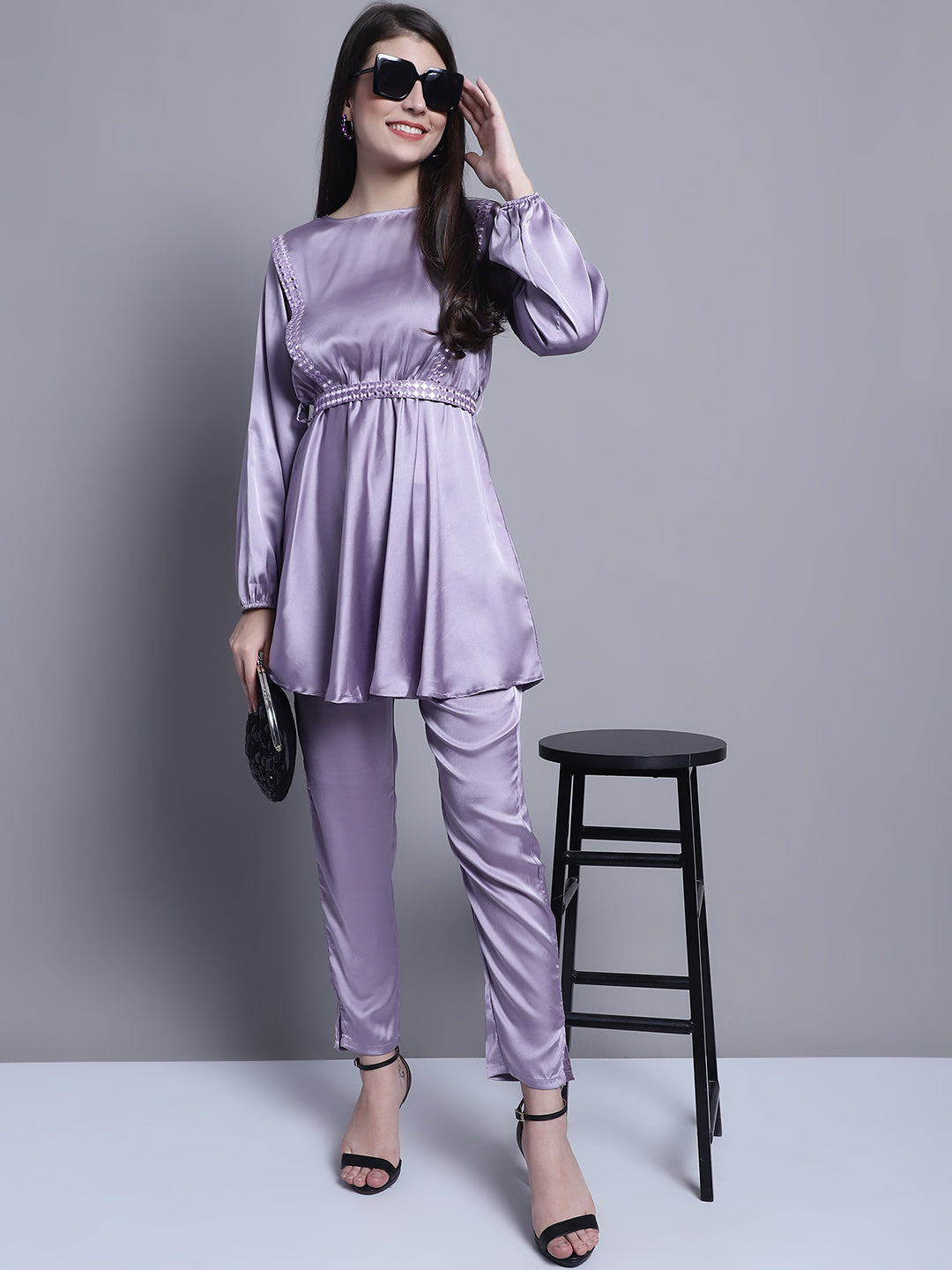 Jainish Women's WoEmbroidered A-line Top and Trouser With Belt - Purple - Distacart
