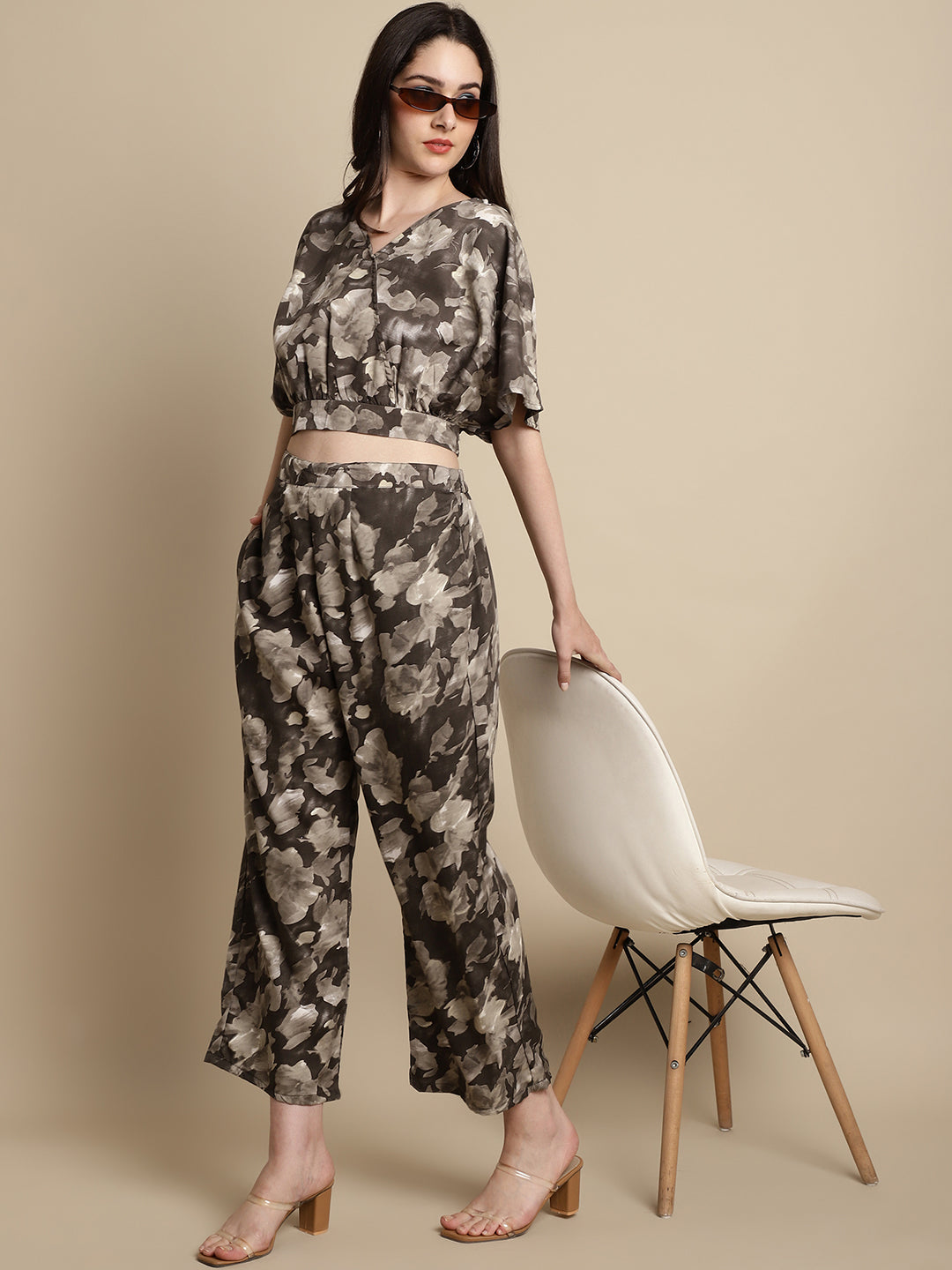 Jainish Women's Brown Printed Crop Top With Palazzos - Distacart