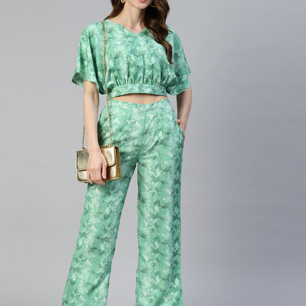Jainish Women's Green Printed Crop Top With Palazzos - Distacart