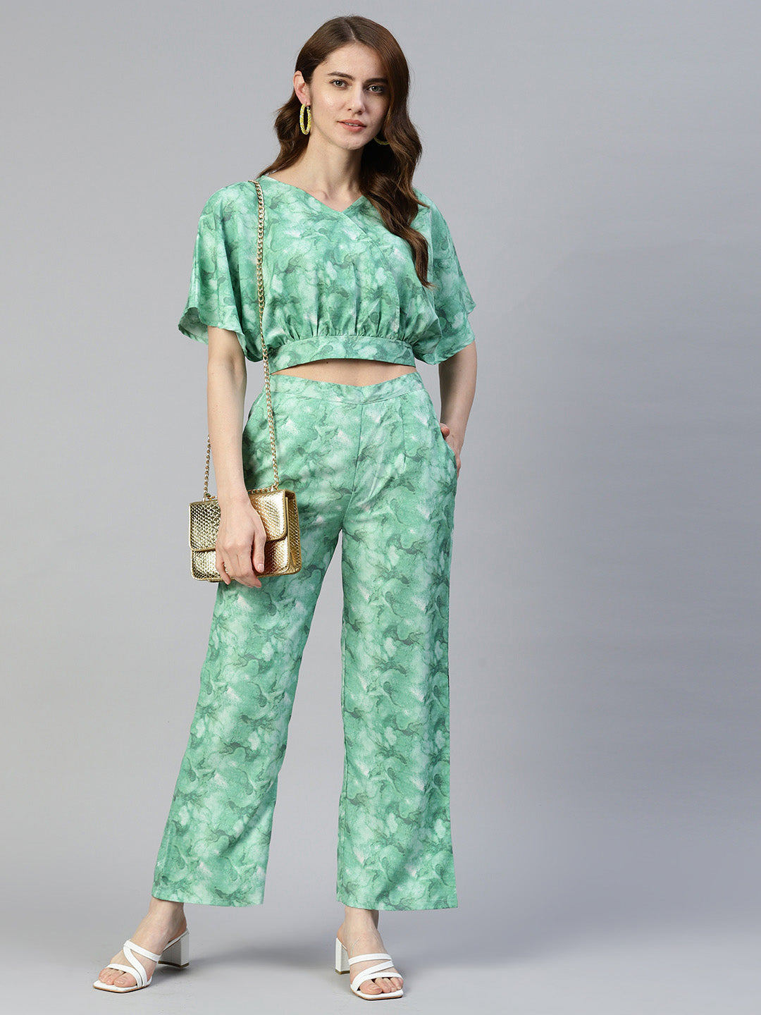 Jainish Women's Green Printed Crop Top With Palazzos - Distacart