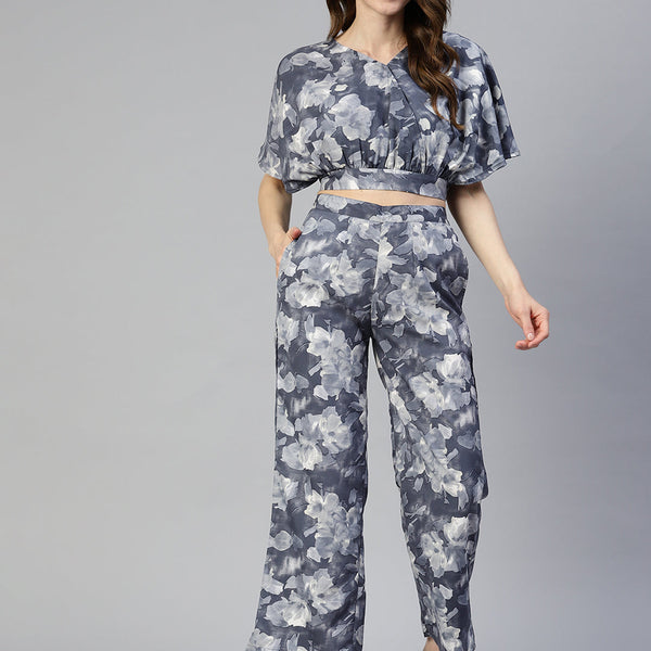 Jainish Women's Grey Printed Crop Top With Palazzos - Distacart