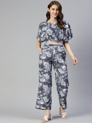 Jainish Women's Grey Printed Crop Top With Palazzos - Distacart