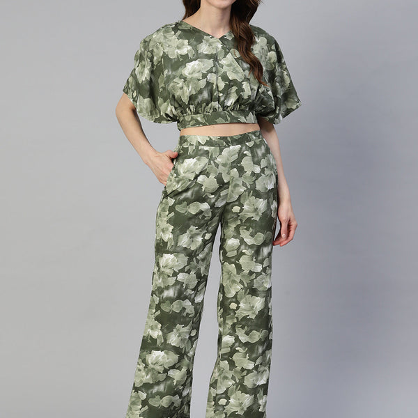 Jainish Women's Olive Green Printed Crop Top With Palazzos - Distacart
