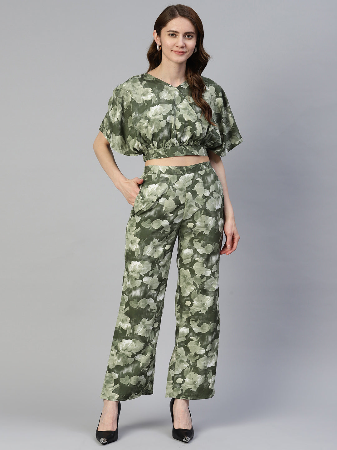 Jainish Women's Olive Green Printed Crop Top With Palazzos - Distacart