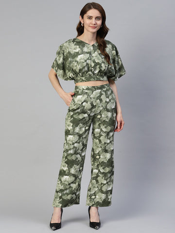 Jainish Women's Olive Green Printed Crop Top With Palazzos - Distacart