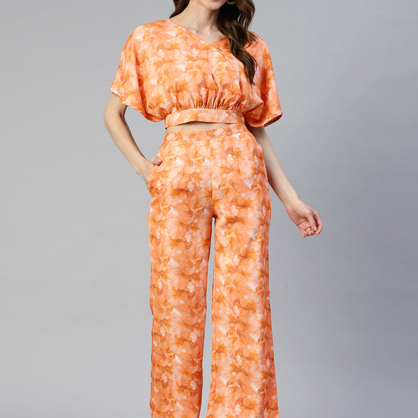 Jainish Women's Orange Printed Crop Top With Palazzos - Distacart
