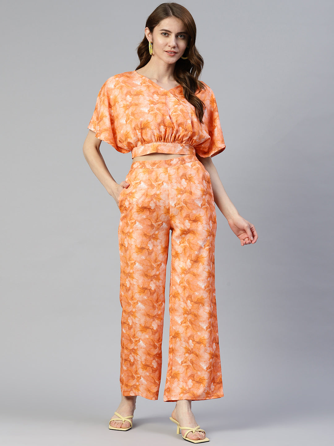 Jainish Women's Orange Printed Crop Top With Palazzos - Distacart
