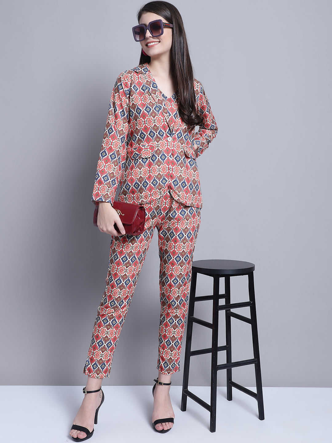Jainish Women's WoDigital Printed Crop Top and Jacket Set - Red - Distacart