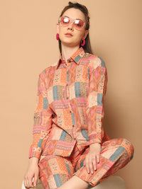 Thumbnail for Printed Shirt Collar Shirt With Trouser (Orange) - Rasiya