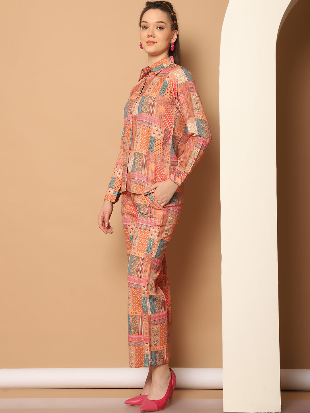 Printed Shirt Collar Shirt With Trouser (Orange) - Rasiya