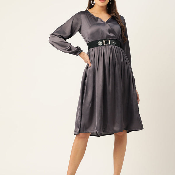 Jompers Women's Puff Sleeves Satin Wrap Dress with Belt - Charcoal - Distacart