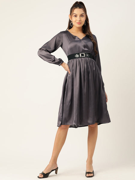 Jompers Women's Puff Sleeves Satin Wrap Dress with Belt - Charcoal - Distacart