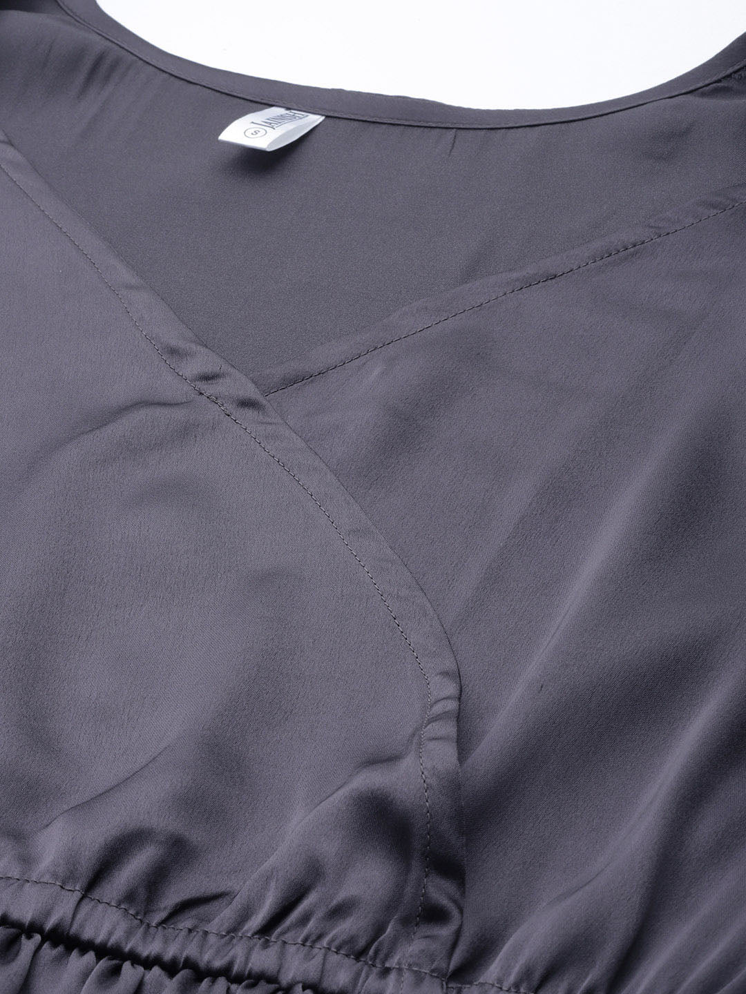 Jompers Women's Puff Sleeves Satin Wrap Dress with Belt - Charcoal - Distacart