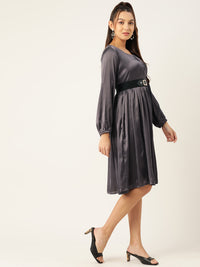 Thumbnail for Jompers Women's Puff Sleeves Satin Wrap Dress with Belt - Charcoal - Distacart