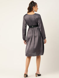 Thumbnail for Jompers Women's Puff Sleeves Satin Wrap Dress with Belt - Charcoal - Distacart