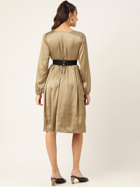 Thumbnail for Jompers Women's Puff Sleeves Satin Wrap Dress with Belt - Golden - Distacart