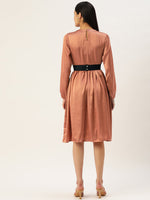 Thumbnail for Jainish Women's Peach-Coloured Satin Dress with Belt - Distacart