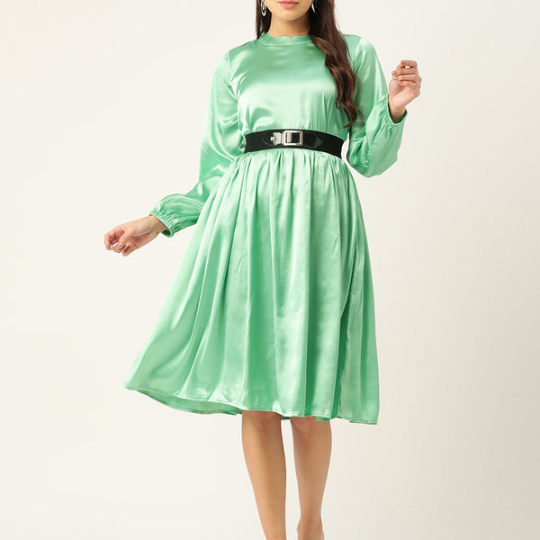 Jainish Women's Green-Coloured Satin Dress with Belt - Distacart