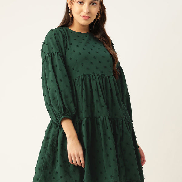 Jainish Women's Georgette Puff Sleeves Tiered Dress - Green - Distacart