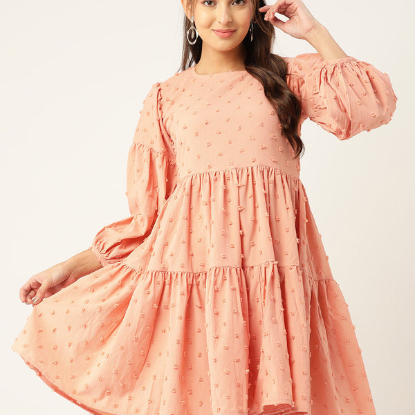 Jainish Women's Georgette Puff Sleeves Tiered Dress - Peach - Distacart