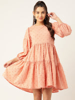Thumbnail for Jainish Women's Georgette Puff Sleeves Tiered Dress - Peach - Distacart