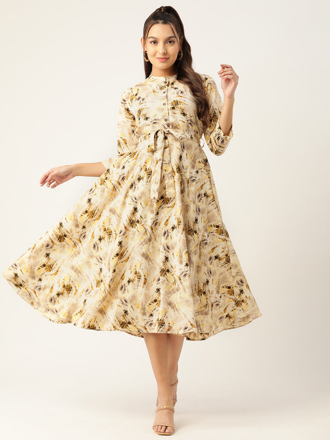 Jainish Women's Abstract Printed Crepe Shirt Collar Maxi Dress with Belt - Cream - Distacart