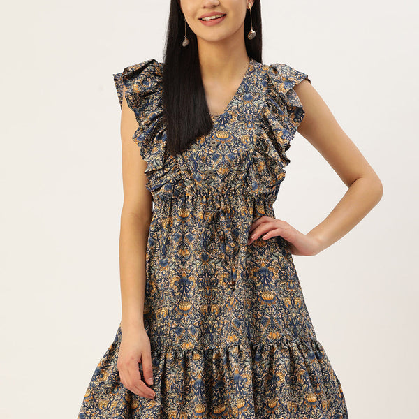 Jainish Women's Navy Blue & Cream-Coloured Floral Crepe A-Line Dress - Distacart