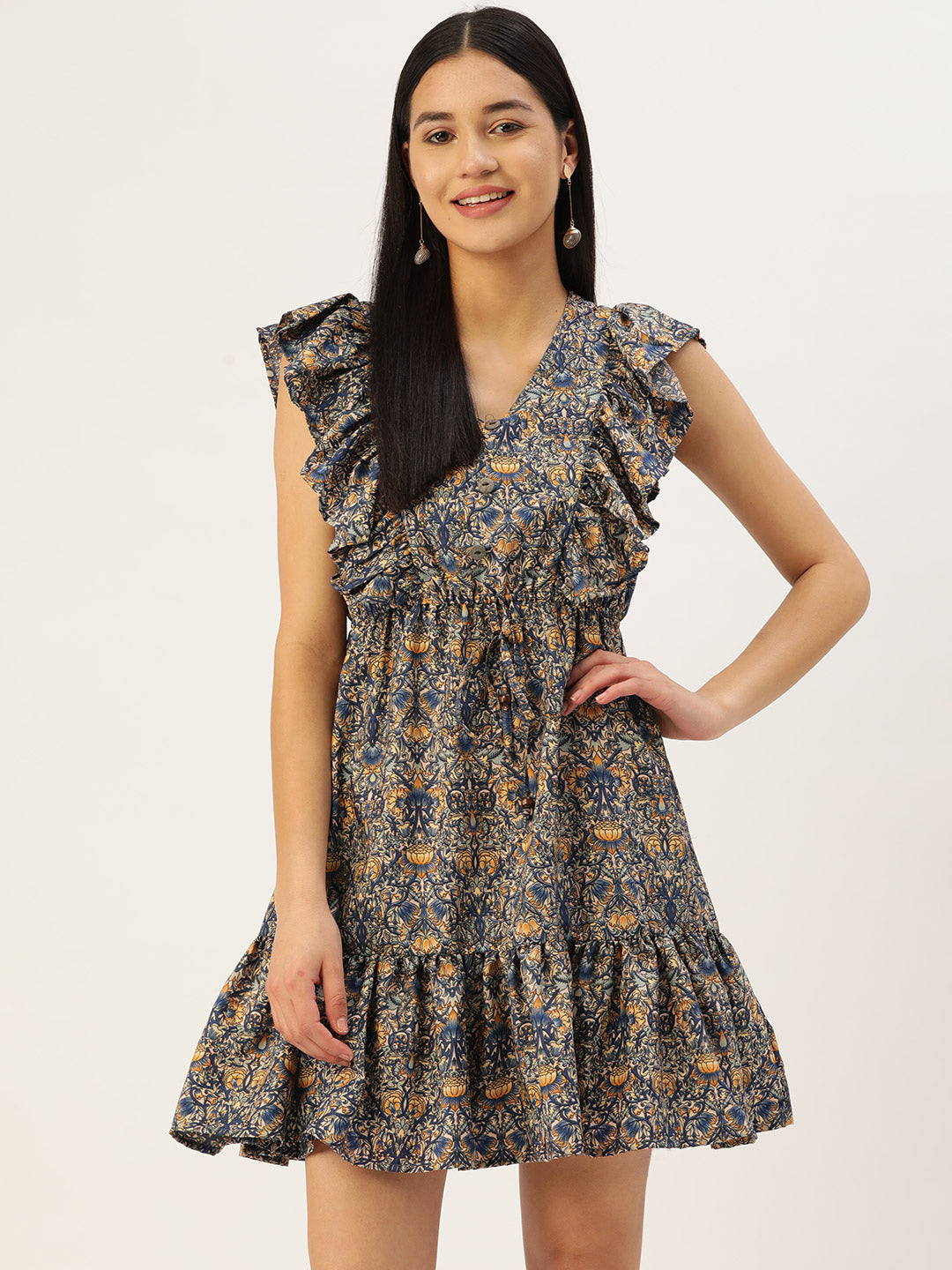 Jainish Women's Printed Tiered Dress with frills - Blue - Distacart