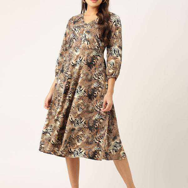 Jainish Women's Animal Print Puff Sleeves Crepe Midi Dress - Distacart