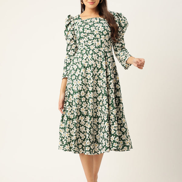 Jainish Women's Floral Print Puff Sleeves Crepe Midi Dress - Distacart