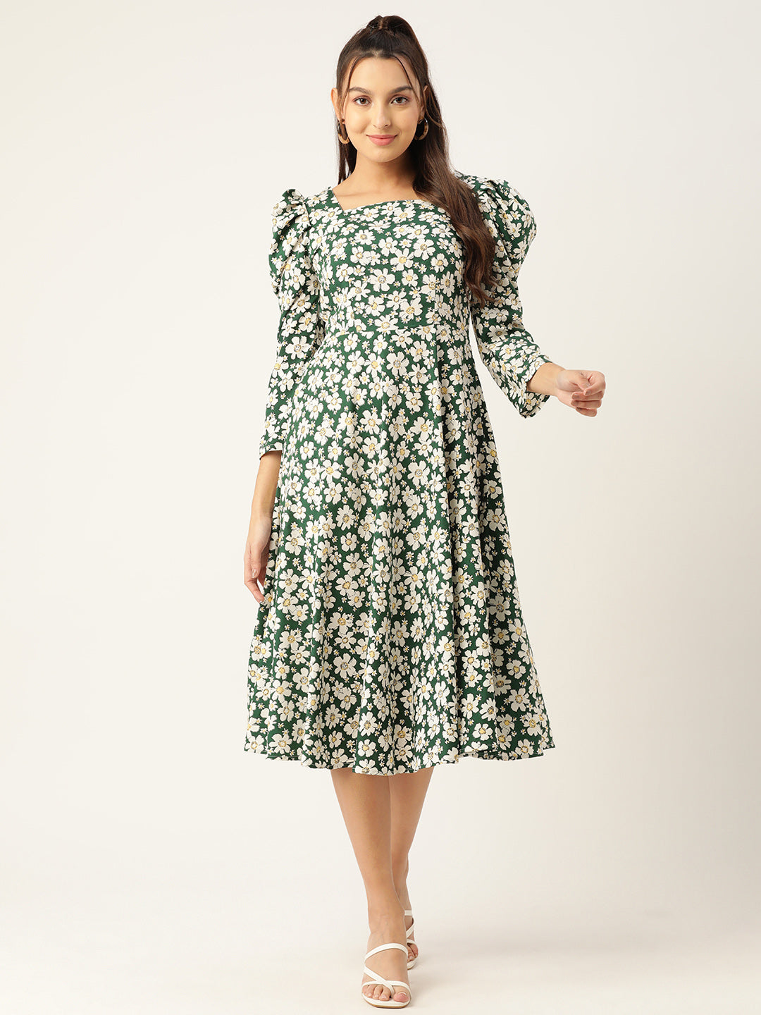 Jainish Women's Floral Print Puff Sleeves Crepe Midi Dress - Distacart