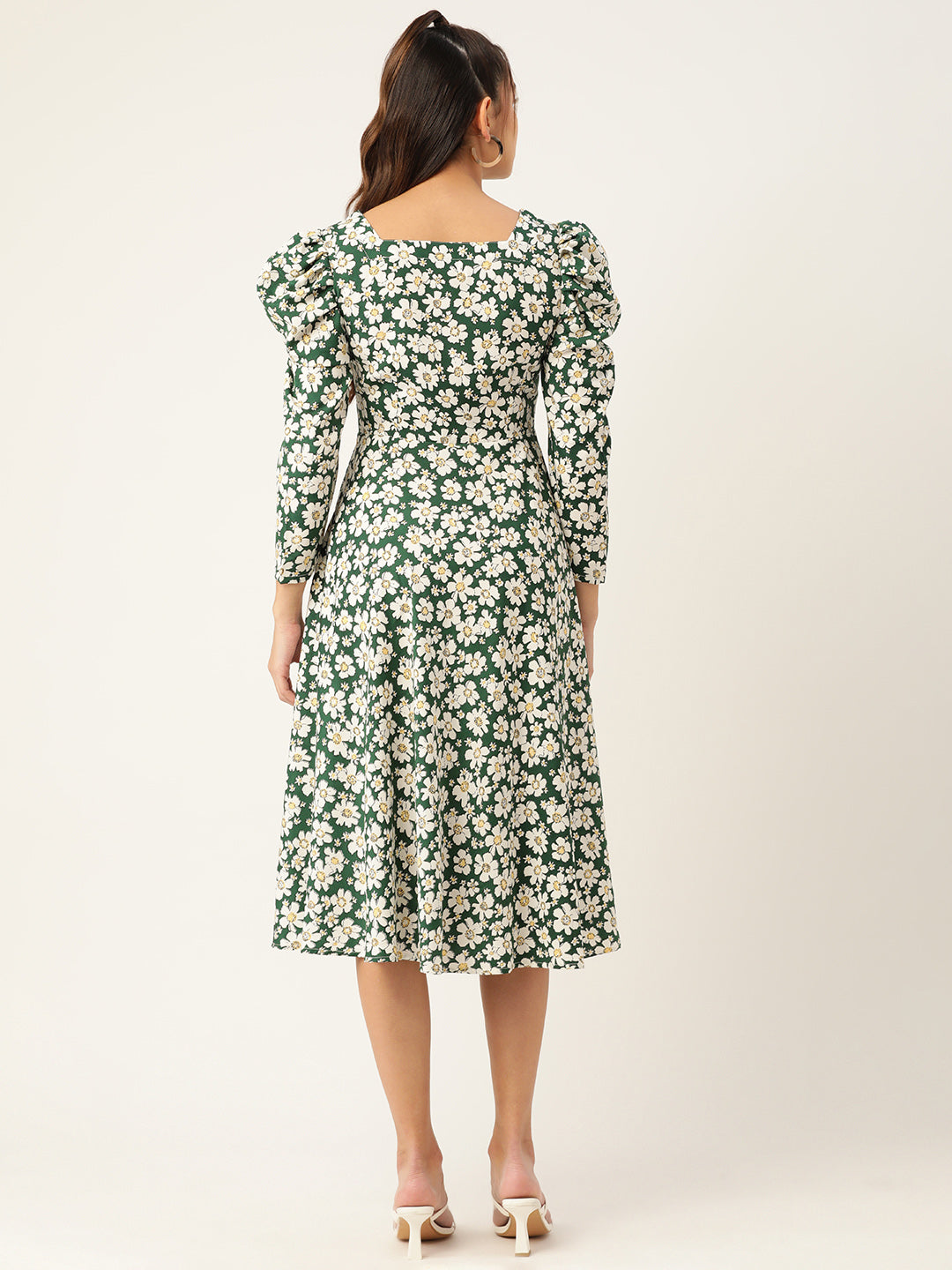 Jainish Women's Floral Print Puff Sleeves Crepe Midi Dress - Distacart
