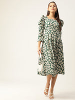 Thumbnail for Jainish Women's Floral Print Puff Sleeves Crepe Midi Dress - Distacart