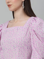 Thumbnail for Jainish Women's WoFloral Print Square Neck Puff Sleeved flared Dress - Light-Purple - Distacart