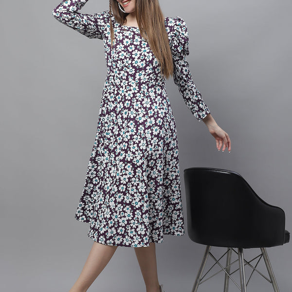 Jainish Women's WoFloral Print Square Neck Puff Sleeved flared Dress - Purple - Distacart