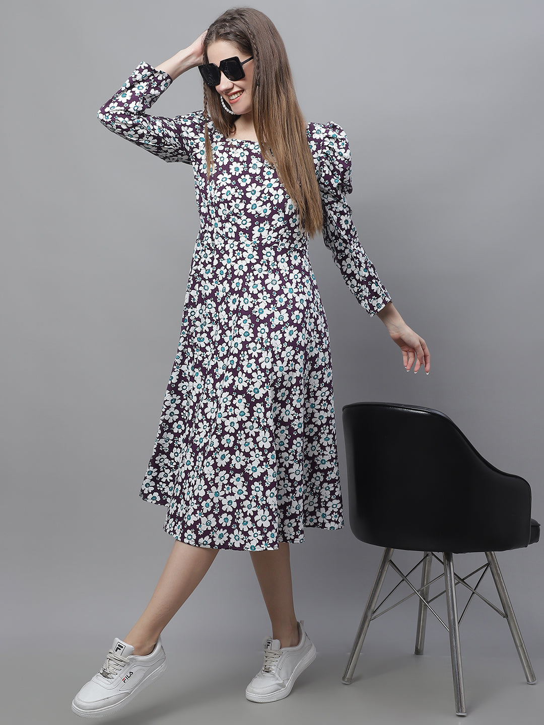 Jainish Women's WoFloral Print Square Neck Puff Sleeved flared Dress - Purple - Distacart