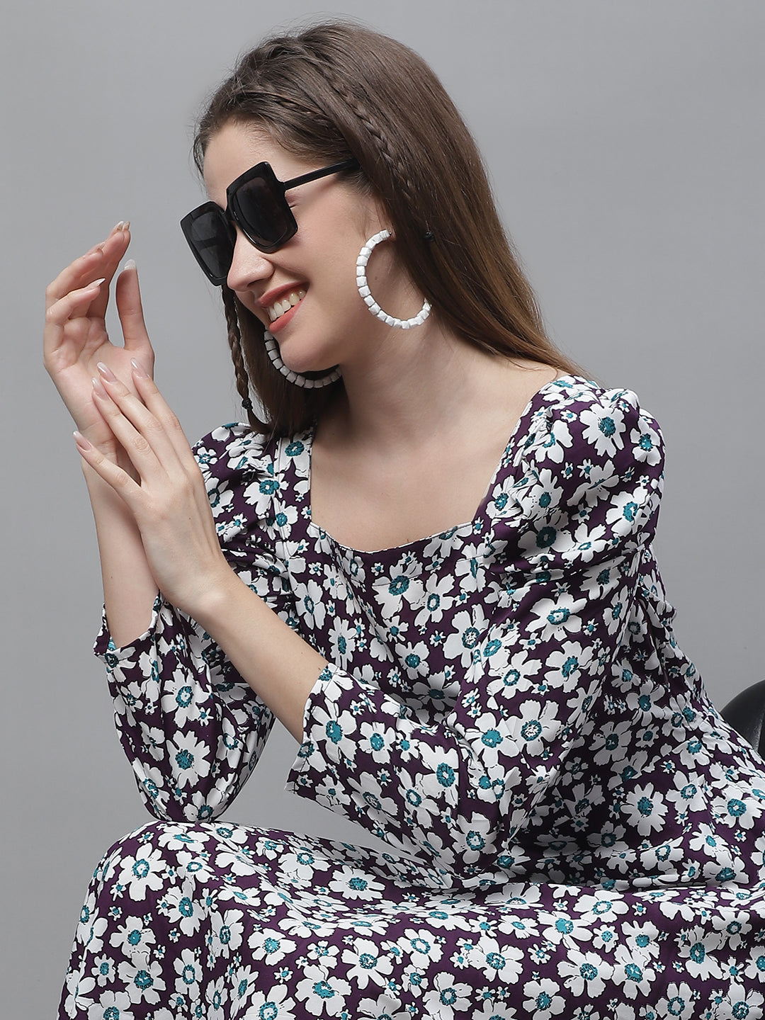 Jainish Women's WoFloral Print Square Neck Puff Sleeved flared Dress - Purple - Distacart