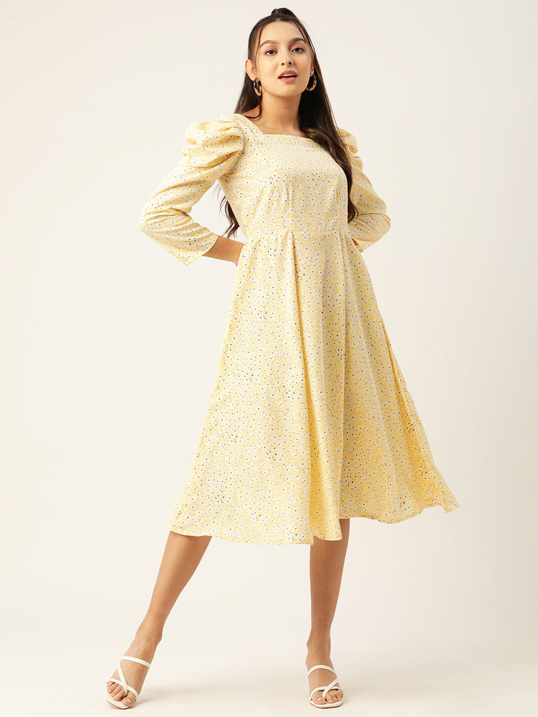 Jainish Women's Floral Print Puff Sleeves Crepe Midi Dress - Distacart