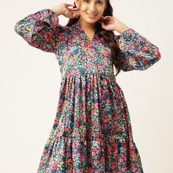 Jainish Women's Blue & Pink Floral Printed Puff Sleeves Tiered Satin Dress - Distacart
