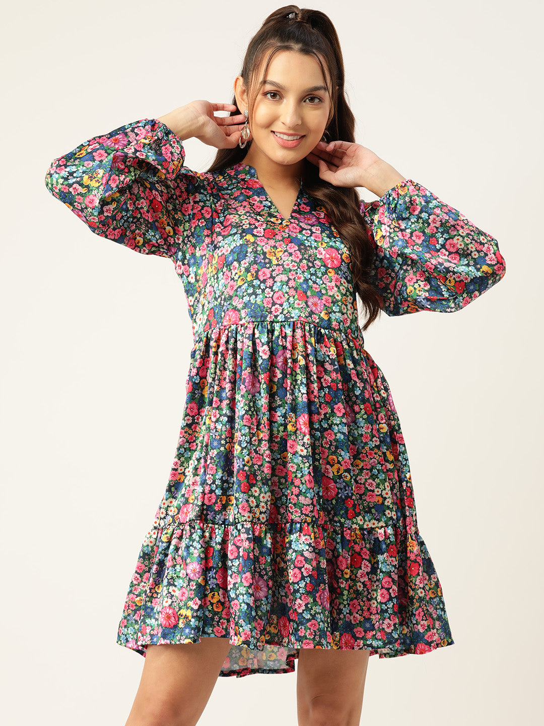 Jainish Women's Blue & Pink Floral Printed Puff Sleeves Tiered Satin Dress - Distacart