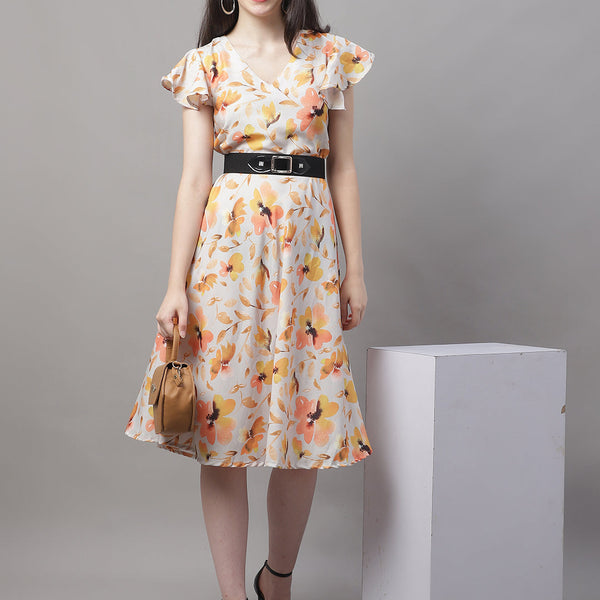 Jainish Women's Orange Printed A-Line Dresses With Belt - Distacart