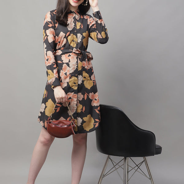 Jainish Women's Black Printed A-Line Dresses With Belt - Distacart